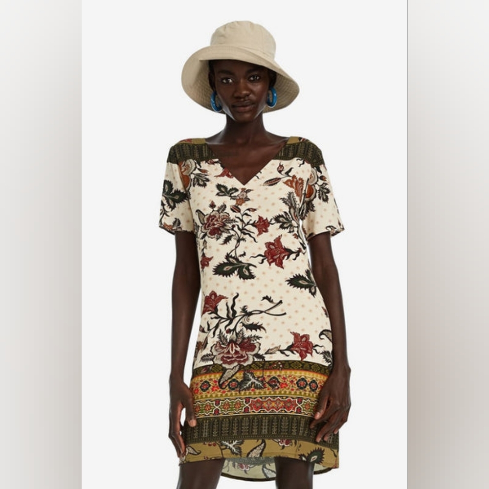 Desigual Floral Print V Neck Shift Dress Size 6 EU 40 Boho